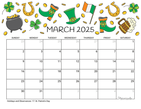 March 2025 Calendar Printable with Holidays