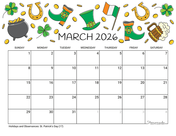 March Calendar 2026 Printable St Patricks Day Landscape