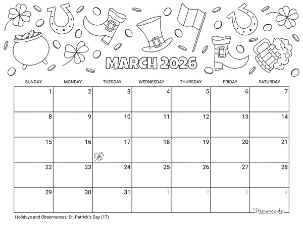 March Calendar 2026 Printable St Patricks Day to Color Landscape
