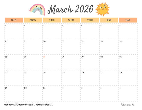 March Calendar 2026 Simple Springtime Sun