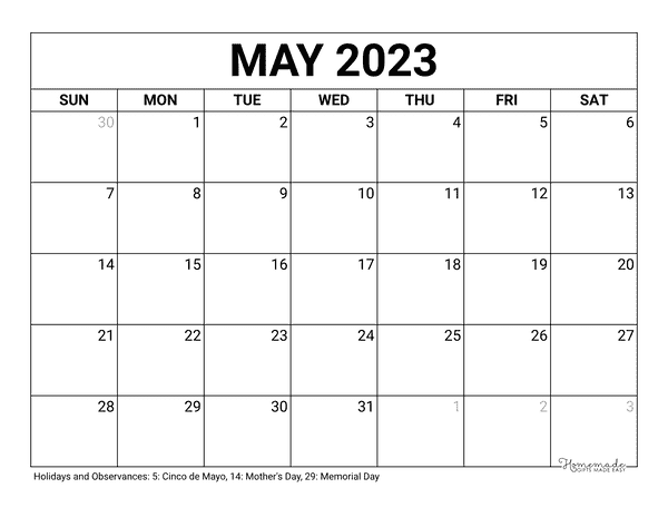 May 2023 Calendar Free Printable With Holidays