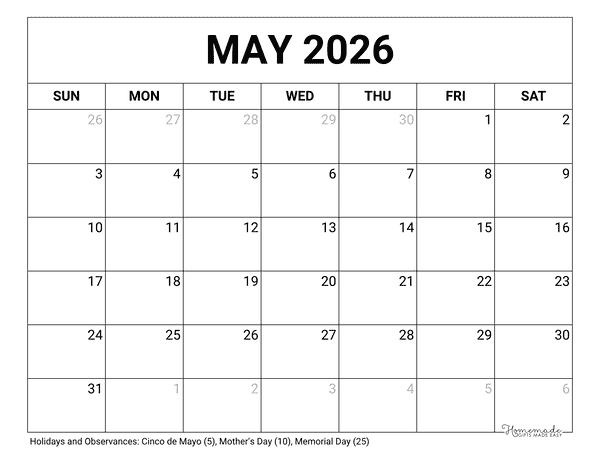 May Calendar 2026 Printable Blank