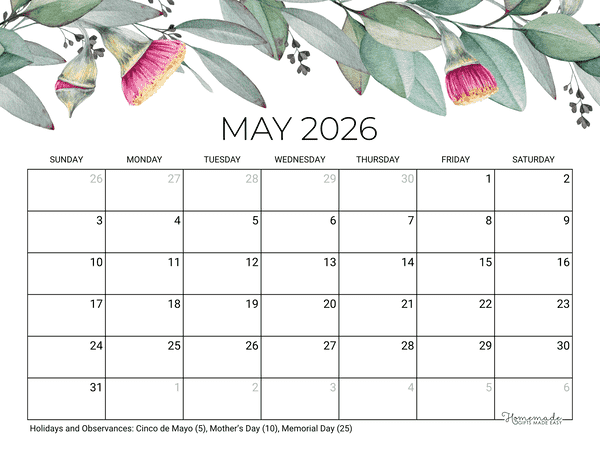 May Calendar 2026 Printable Eucalyptus