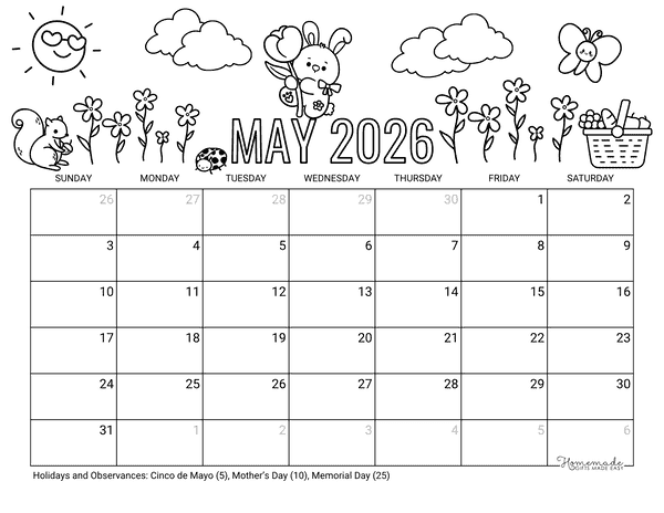 May Calendar 2026 Printable Spring Flowers Scene to Color