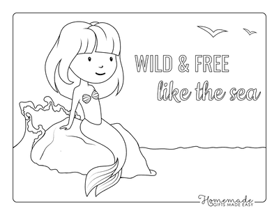 Mermaid Coloring Page Girl Sitting Rock Waves