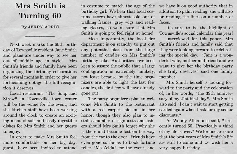 60th birthday funny newspaper text