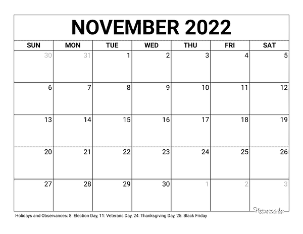 November Calendar 2022 Printable Blank