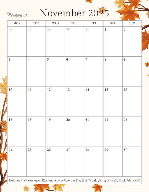 November Calendar 2025 Autumn Minimalist Portrait Monday Start