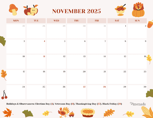 November Calendar 2025 Cute Fun Thanksgiving Monday Start