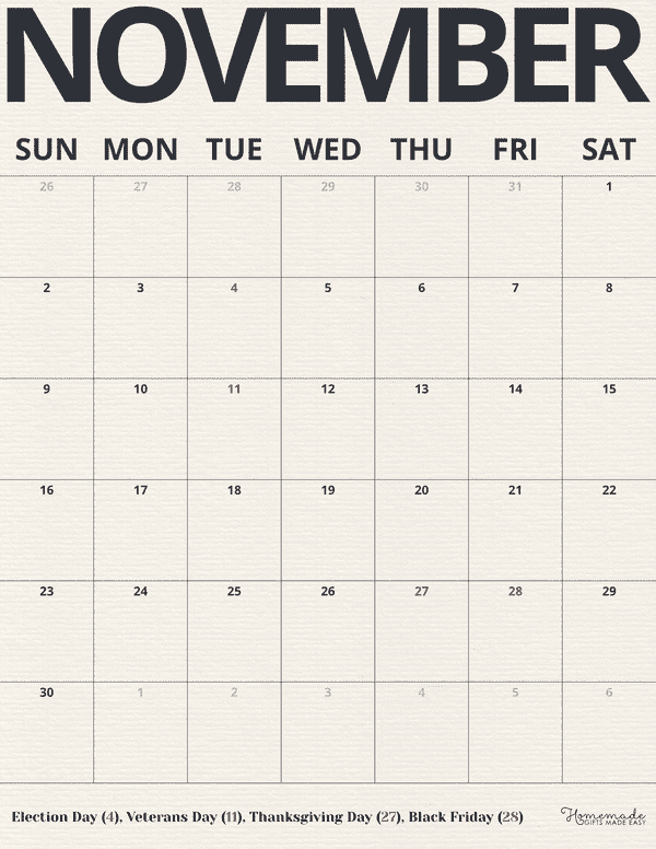 November Calendar 2025 Neutral Minimalist Portrait