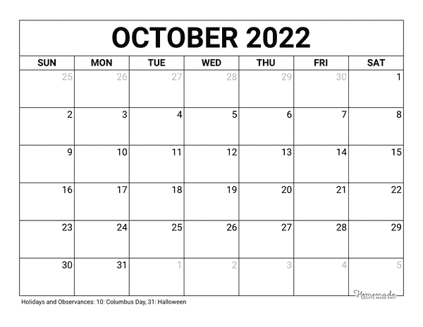 october Calendar 2022 Printable Blank