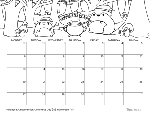October Calendar 2025 Frog Witchcraft in the Forest to Color Monday Start