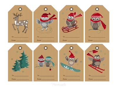 Printable Christmas Tags Paper Woodland Owls Deer Tree Skating Skiing Snowboarding Tobogganing 8