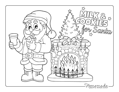 Santa Coloring Pages Father Christmas Eating Cookie Drinking Milk Fireside
