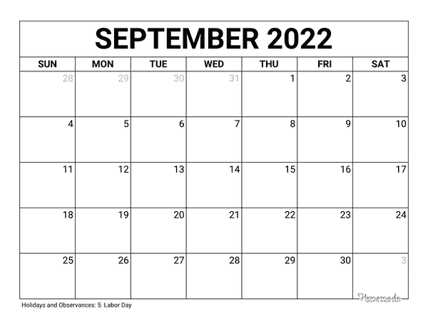september Calendar 2022 Printable Blank