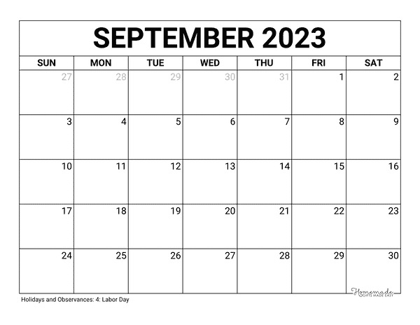 September Calendar 2023 Printable Blank