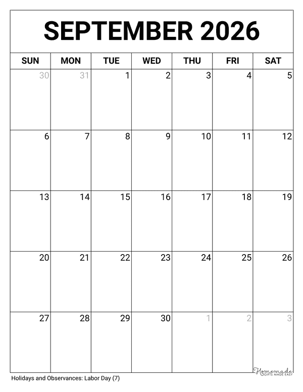 September Calendar 2026 Printable Blank Portrait