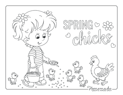 Spring Coloring Pages Little Girl Feeding Chickens Chicks