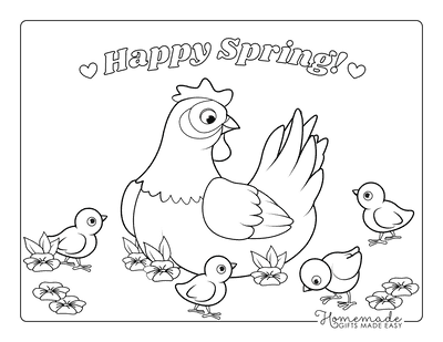 Spring Coloring Pages Mother Hen Chicks Flowers