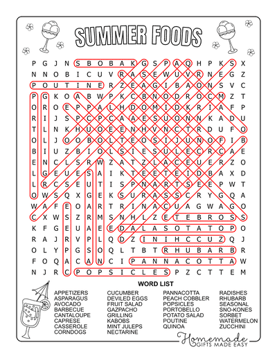 Summer Word Search Foods Hard Answers