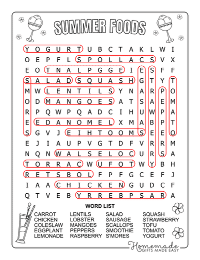 Summer Word Search Foods Medium Answers
