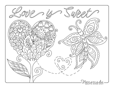Valentines Day Coloring Pages Heart Flower Butterfly Doodle