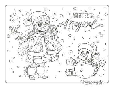 Winter Coloring Pages Girl Winter Coat Feeding Birds Snowman