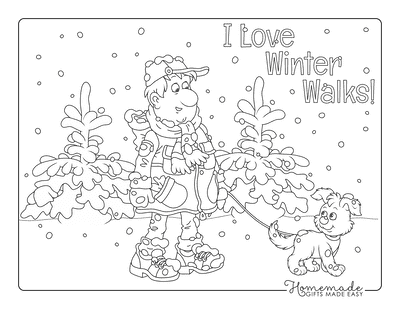 Winter Coloring Pages Man Walking Dog in Snow