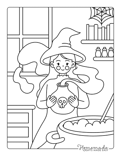 Witch Coloring Pages Cute Halloween Witch Brewing Potion for Kids