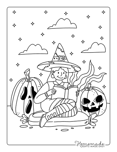 Witch Coloring Pages Cute Witch Reading a Book Outside for Adults