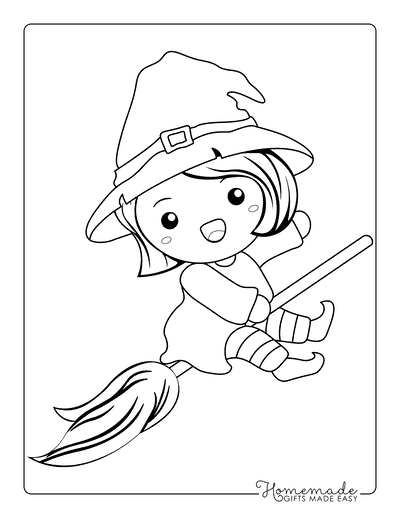 Witch Coloring Pages Easy Cute Witch Flying on Broom