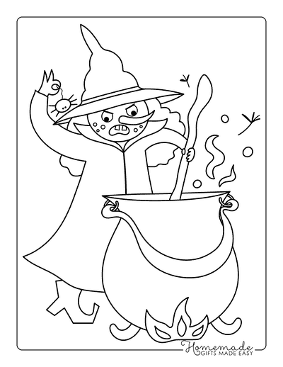 Witch Coloring Pages Easy Halloween Witch Brewing Potion in Cauldron